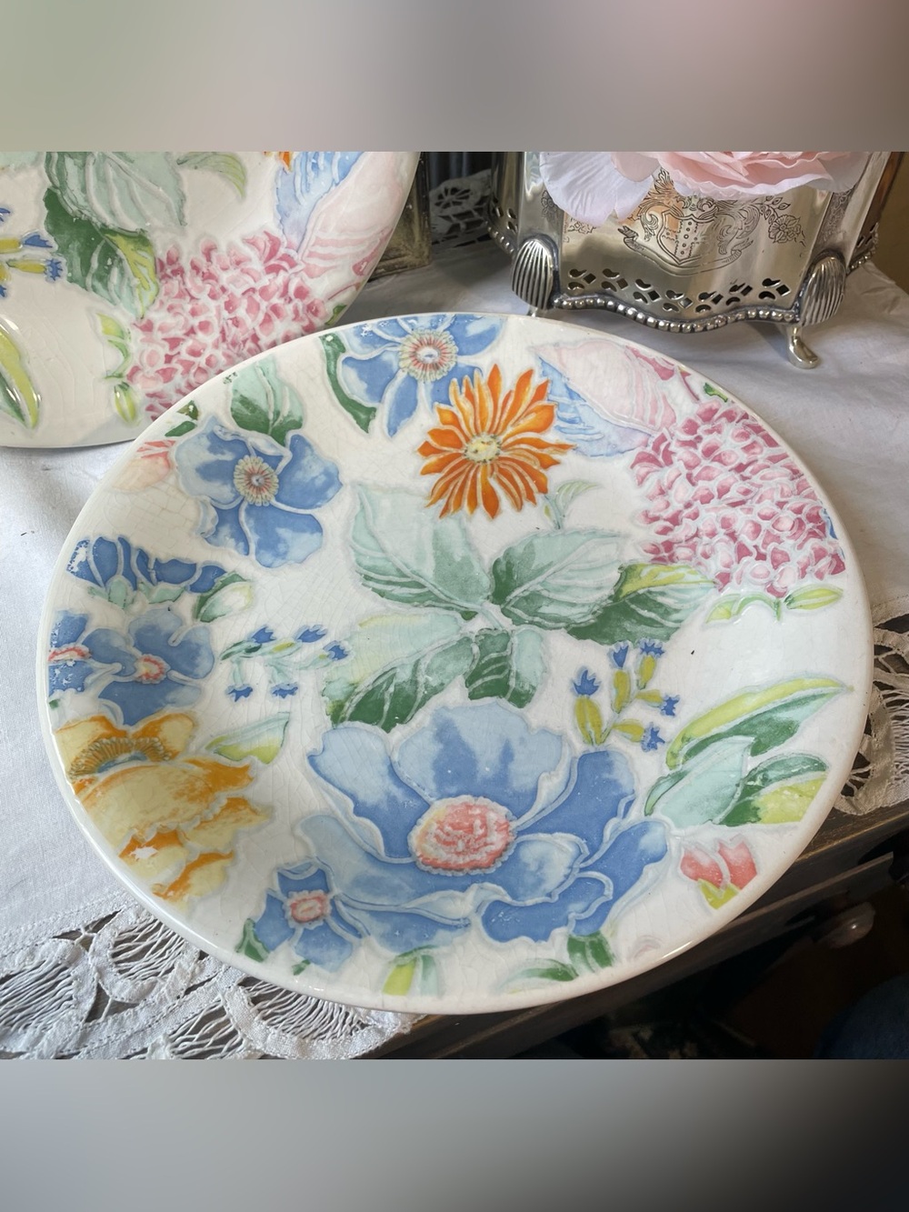 Vintage white ceramic textured floral dinner plate